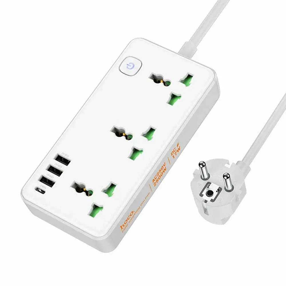 Фильтр сетевой HOCO AC7, 250V/10A 3 розетки, 17W 3.4A Type-C+3xUSB, 1.5m White