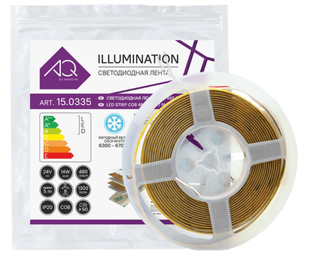 ЛЕНТА  светодиодная COB/КОБ, 480 LED/м, 24V, 14W/м, 8 мм, IP20, холодный  белый, AQ/Айкью (15.0034)