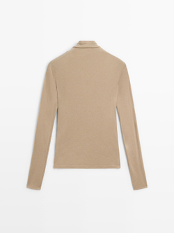 Massimo Dutti Футболка из смеси лиоцелла и шерсти с длинными рукавами, бежевый