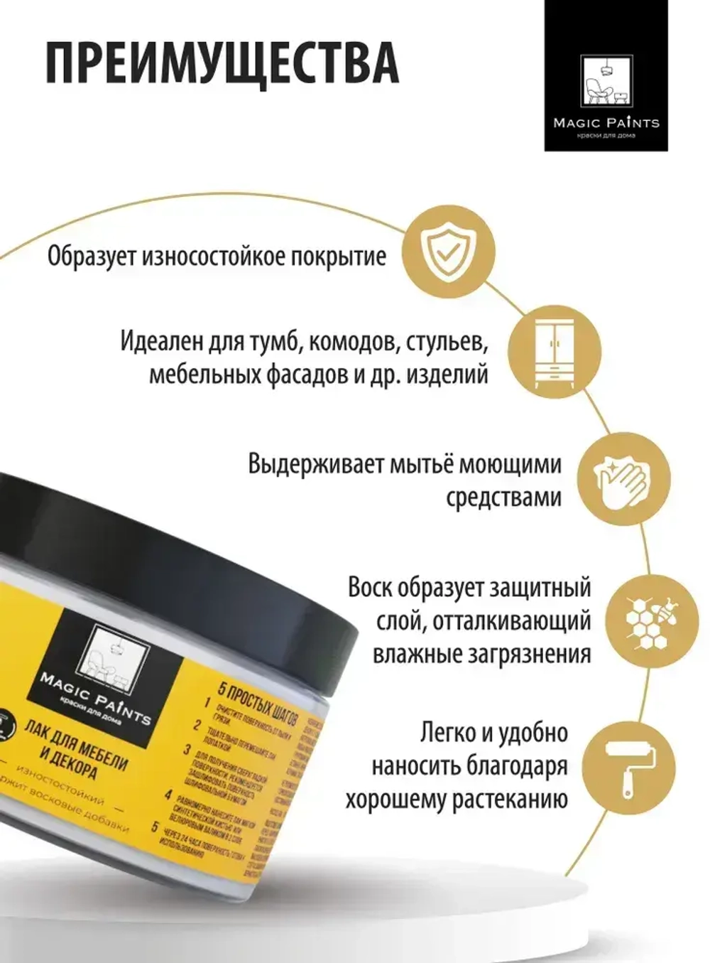 Лак акриловый для мебели и декора, защиты и творчества, износостойкий матовый бесцветный Magic Paints, 0.25 кг