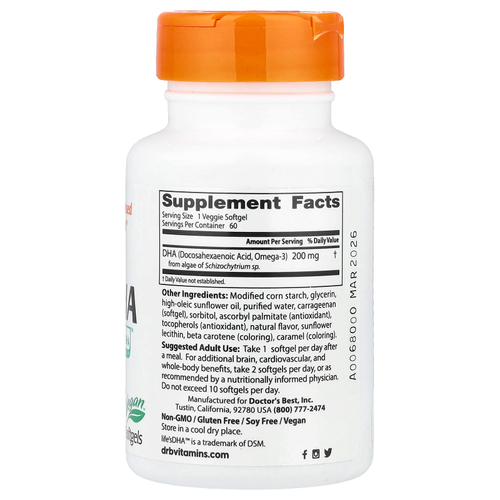 Doctor's Best, веганская ДГК из водорослей с Life's DHA™, 200 мг, 60 растительных капсул