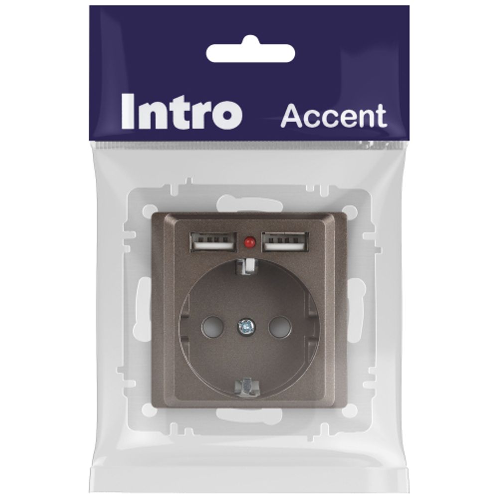 Розетка Intro Accent 6-410-08 , P+E Schuko со шторками, 16А-250В + 2хUSB, IP20, СУ, бронза