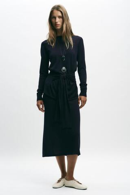 ZARA ЮБКА-МИДИ ОДНОТОННАЯ ТРИКОТАЖНАЯ, МОРСКОЙ СИНИЙ