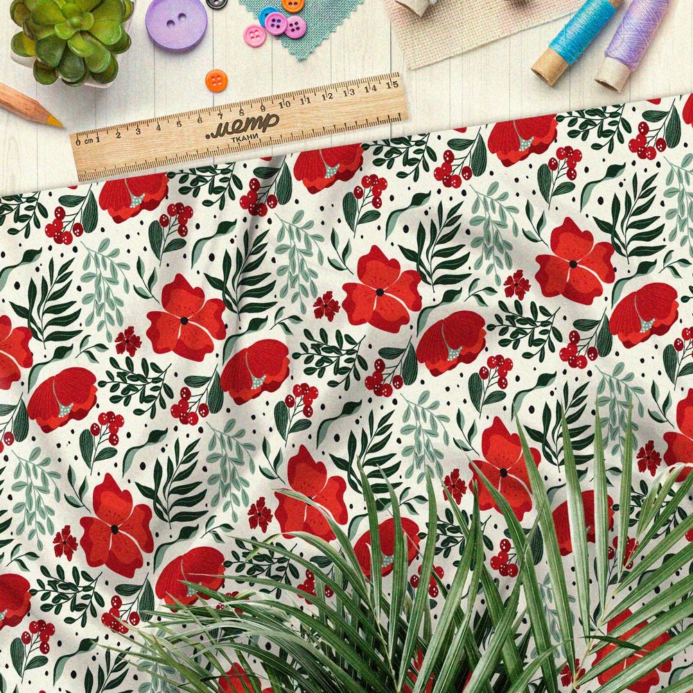 Ткань атлас насыщенные маки и листья на бежевом фоне