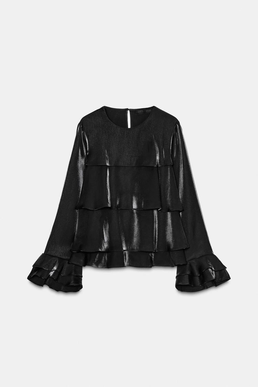 ZARA БЛУЗА ИЗ БЛЕСТЯЩЕЙ ТКАНИ С ВОЛАНАМИ, ЧЕРНЫЙ