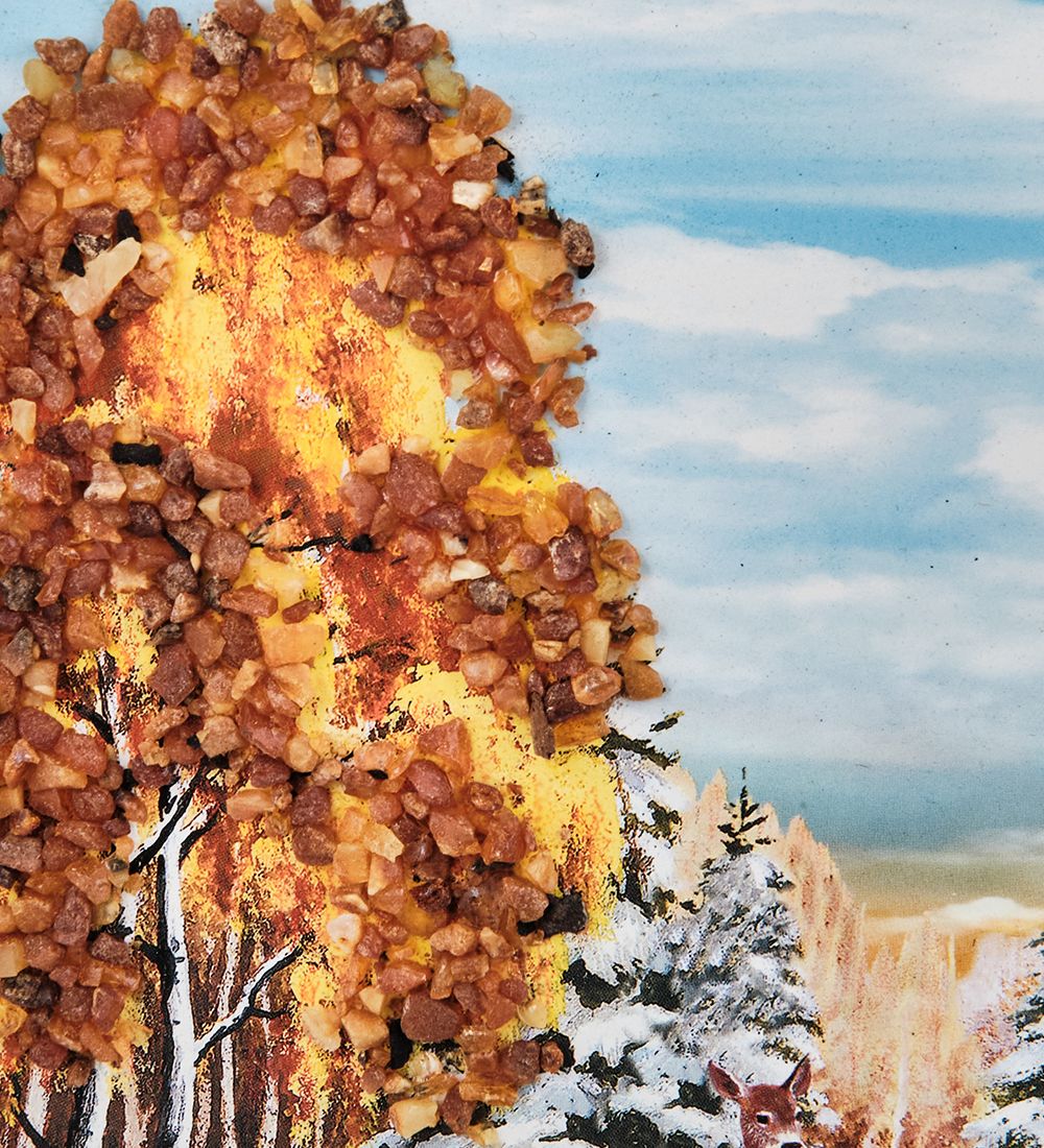 AMB-01/34 Картина «Олени на речной переправе» (с янтарной крошкой) пласт.рамка 33х42см