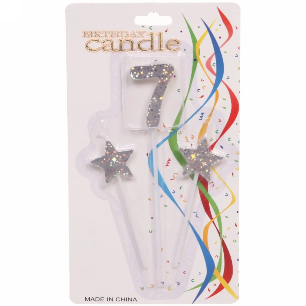 Свеча для торта Цифра Звёздное сияние «7» 16 см (набор 3шт), серебро