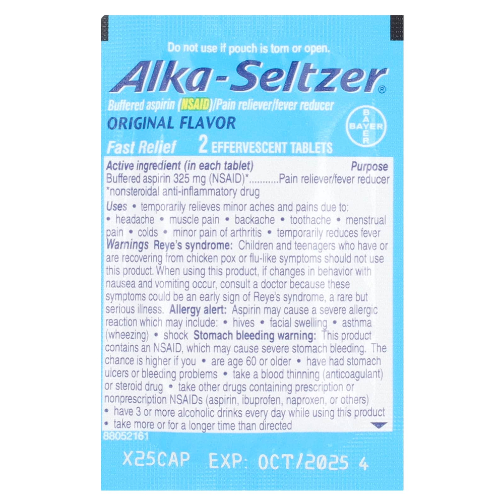 Alka-Seltzer, Буферизованный аспирин (НПВП), обезболивающее / средство для снижения температуры, оригинальный, 58 пакетиков (2 шт.) В каждом