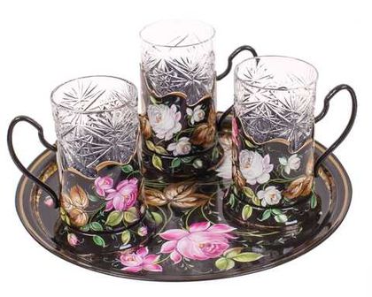 Set of 3 tea glass holders with zhostovo metal tray D-30 cm SET18122022003