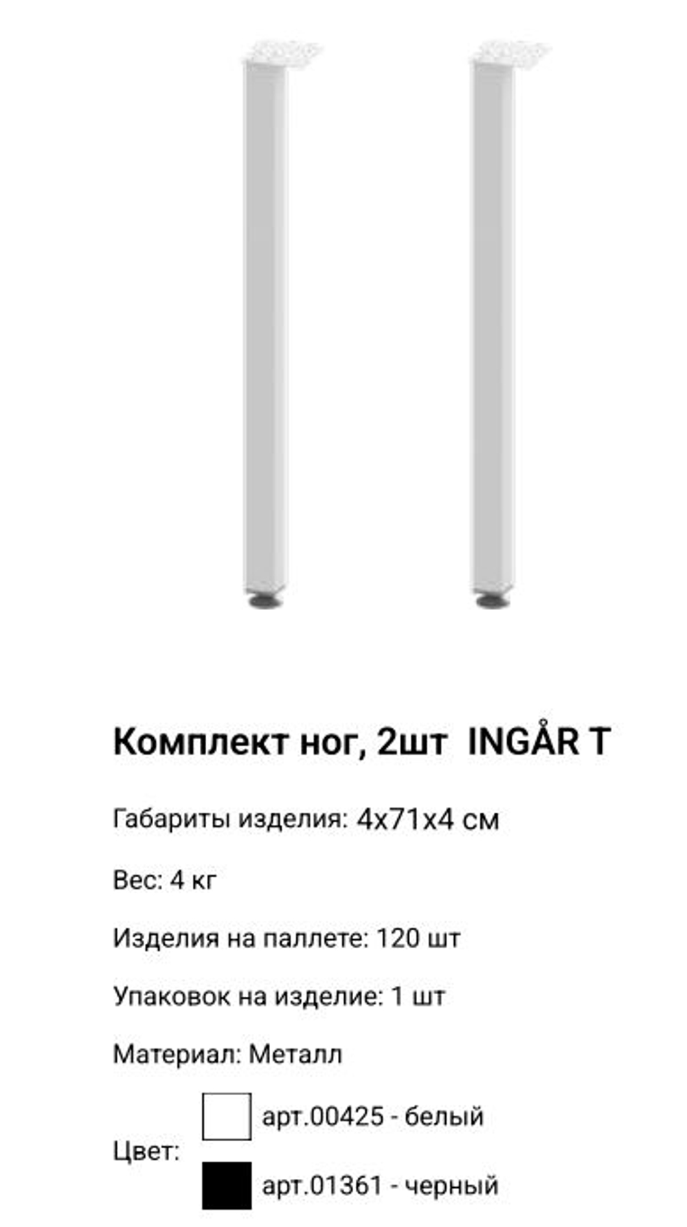 Комплект ножек металлических Ингар Т, 4*71*4 см, черный