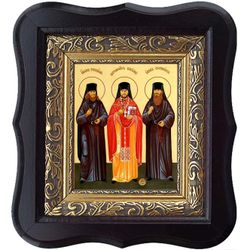 Икона Оптинских Новомучеников на холсте с мощевиком.