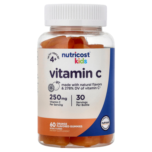 Nutricost, жевательные таблетки с витамином C, для детей от 4 лет, апельсин, 60 жевательных таблеток