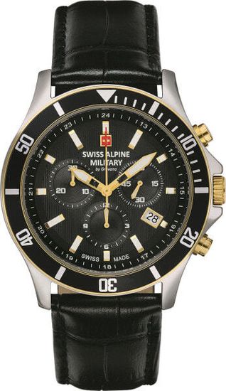 С ремешком Мужские наручные часы с черным кожаным ремешком Swiss Alpine Military 7022.9547 chronograph 42mm 10ATM