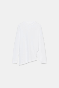 ZARA АСИММЕТРИЧНАЯ ФУТБОЛКА С ДЛИННЫМИ РУКАВАМИ, БЕЛЫЙ