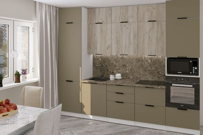 Кухонный гарнитур Альба экстра 3000 мм, каркас ЛДСП, фасад ЛДСП, Белый/Дуб браун/Мокко