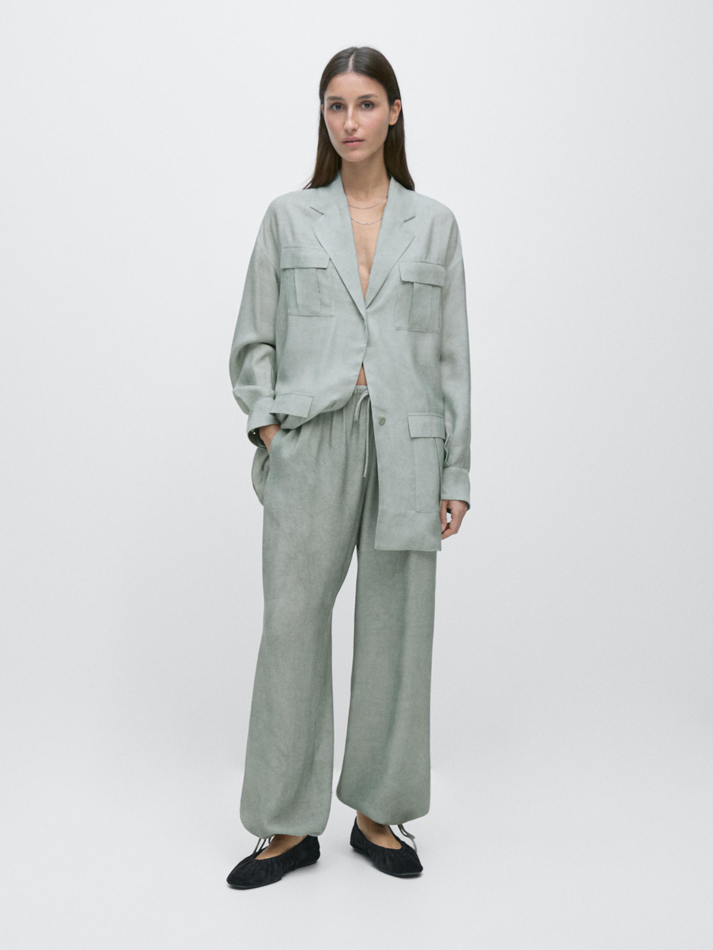 Massimo Dutti Брюки Саруэль с завязками, фисташковый