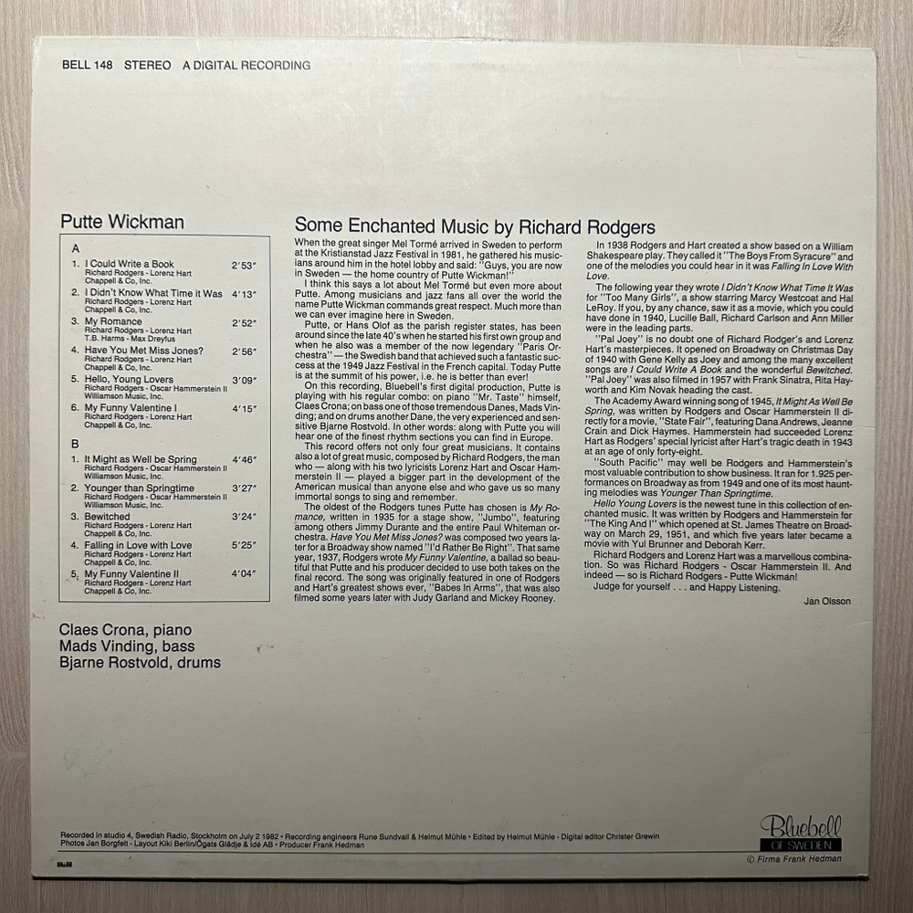 Putte Wickman & Trio - Some Enchanted Music By Richard Rodgers (Швеция 1982г.)