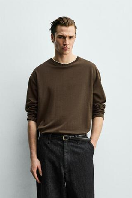 ZARA ФУТБОЛКА С ДВОЙНЫМИ КОНТРАСТНЫМИ ДЕТАЛЯМИ, КОРИЧНЕВЫЙ