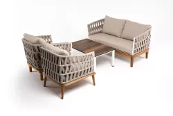 "Диего" лаунж-зона 4-местная плетеная из роупа со столиком "Канны" цвета "дуб", основание дуб, роуп бежевый