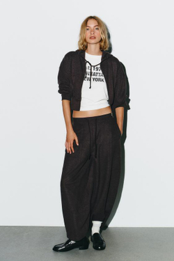 ZARA БРЮКИ BALLOON В РУБЧИК, КОРИЧНЕВЫЙ