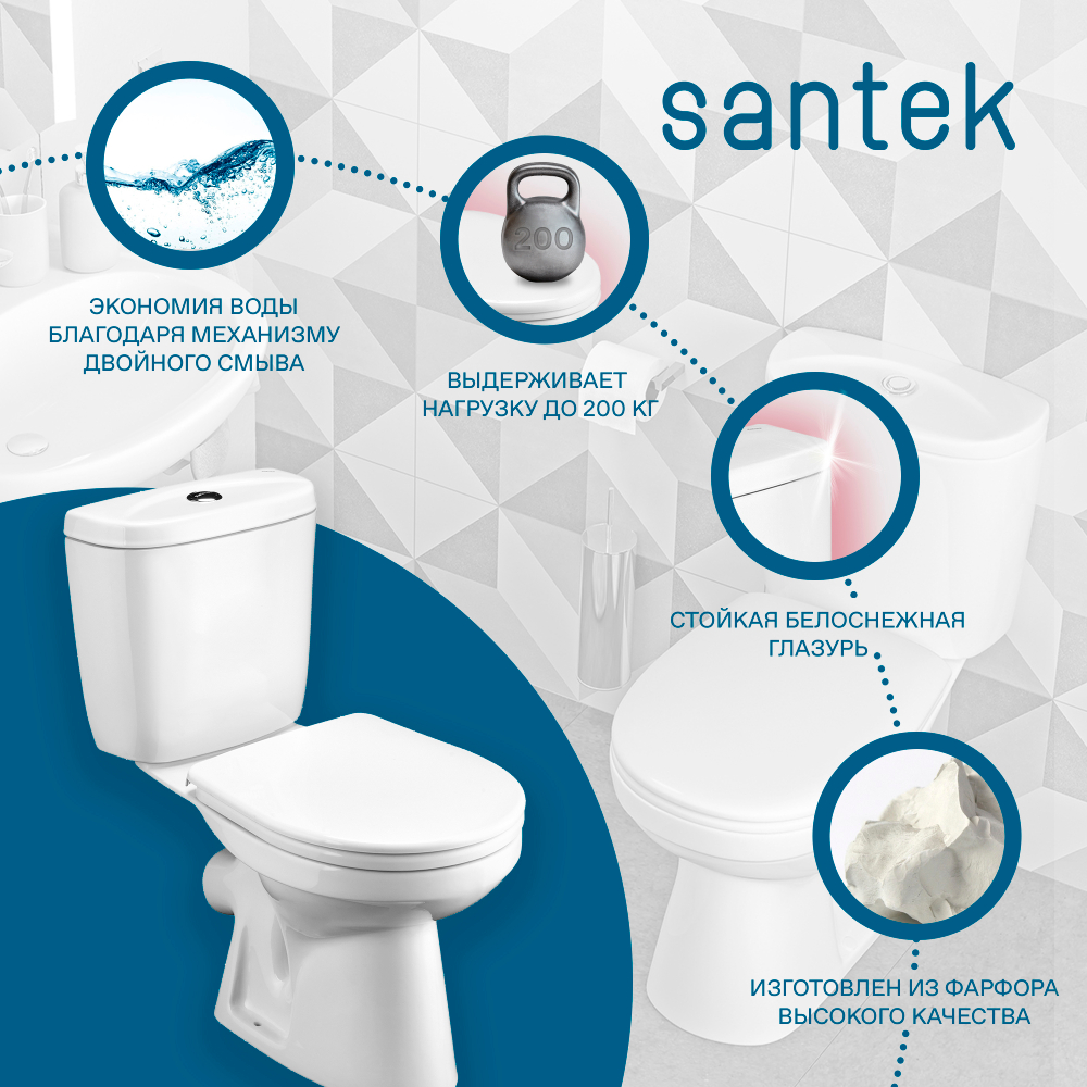 Унитаз-компакт Santek Анимо с диагональным выпуском, стандарт- 2 реж., дюропласт, 1WH302134