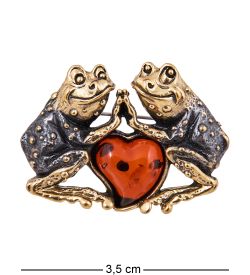 AM-3886 Брошь «Лягушки влюбленные» (латунь, янтарь)