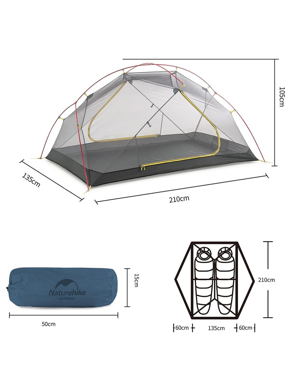 Палатка туристическая 2-местная Naturehike сверхлегкая Mongar NH17T007-M, 210T , зеленый, 6927595767658