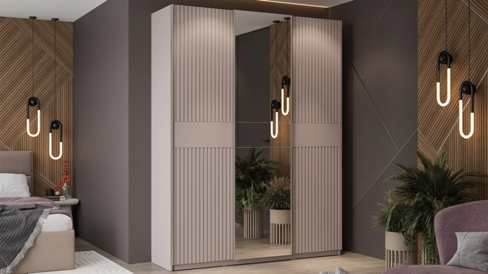 Шкаф-купе Оскар Хилтон 3-х дверный с зеркалом 177 кашемир / кашемир сатин / ручка серебро