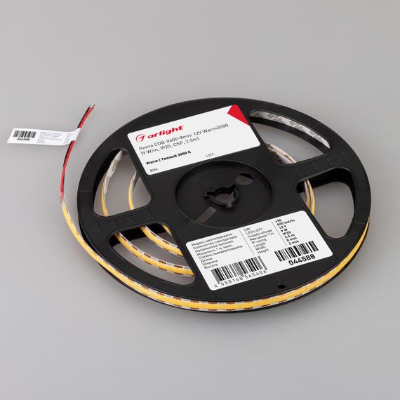 Светодиодная лента Arlight 9W/m 400LED/m CSP теплый белый 2,5М COB-X400-8mm 12V Warm3500 044588