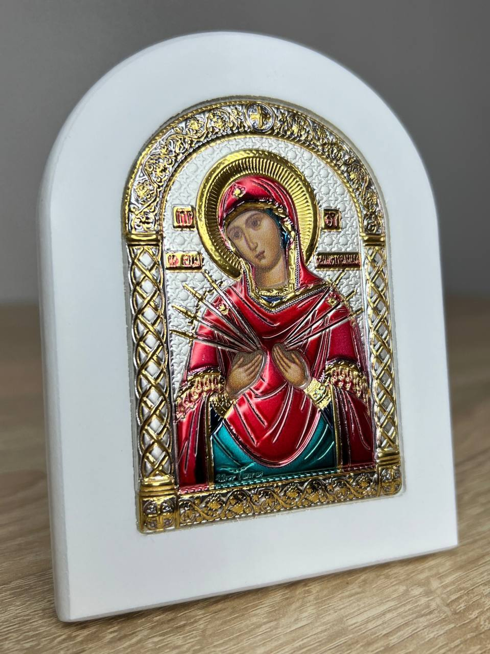 Семистрельная БМ, икона арочная, белое дерево, эмаль 86х112