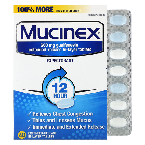 Mucinex, Муцинекс, 600 мг, 40 двухслойных таблеток с пролонгированным высвобождением