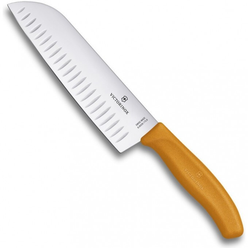 Нож Victorinox сантоку, лезвие 17 см рифленое, оранжевый, в картонном блистере