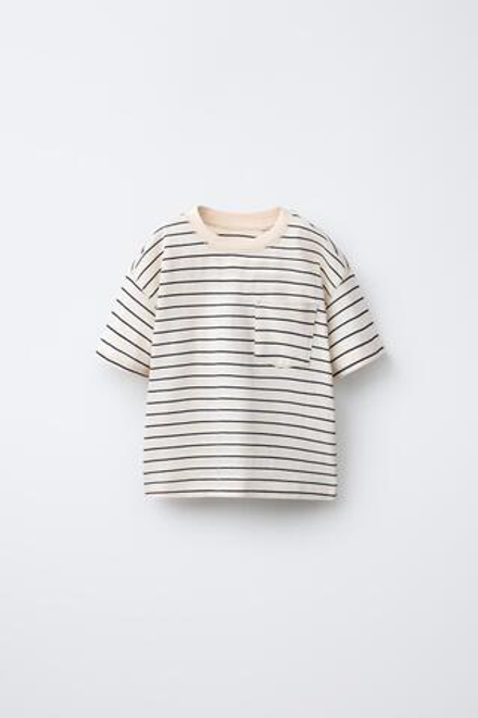 ZARA ФУТБОЛКА ИЗ ТКАНИ В ПОЛОСКУ С КАРМАНОМ, ЭКРЮ/ТЕМНО-СИНИЙ