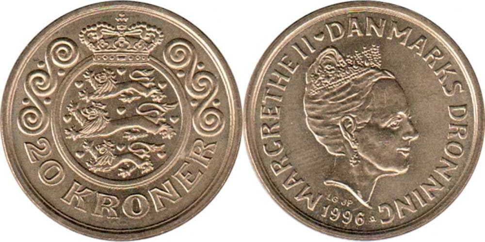 Дания 20 крон, 1994-1999 Королева Маргрете II XF