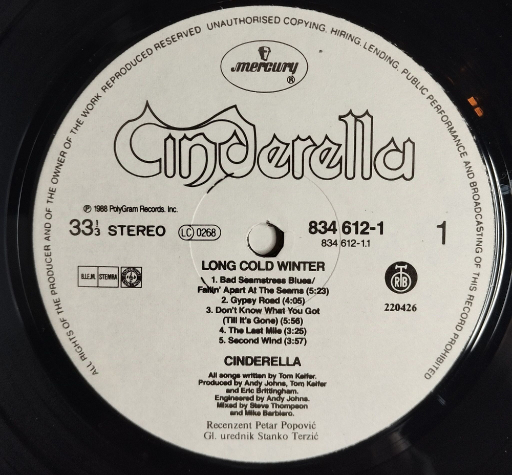 Винтажная виниловая пластинка LP Cinderella Long Cold Winter (Югославия 1988)