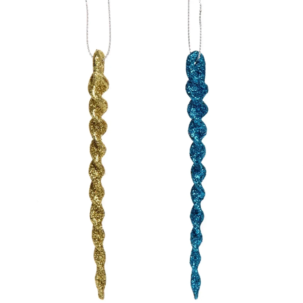 Подвески в блестках «Ледяные сосульки» 10 см (набор 2шт), синий/золото