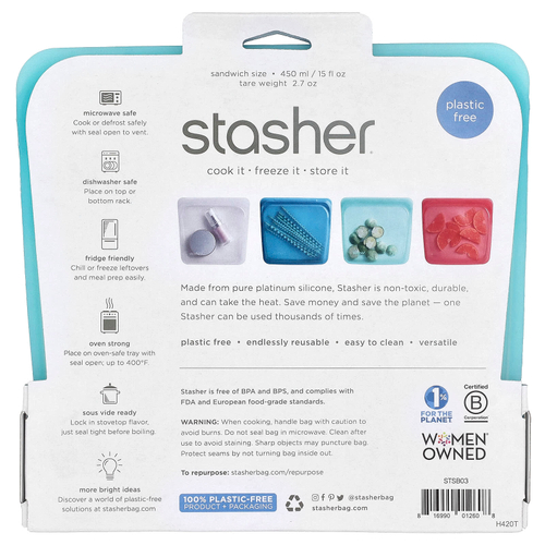 Stasher, Aqua, многоразовый силиконовый контейнер для еды, удобный размер для бутербродов, средний, 450 мл (15 жидк. унций)
