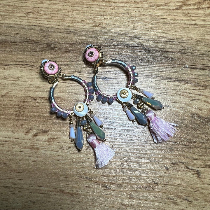 Клипсы Этно Круг ажурный подвеска круг нити бусинки подвески кисточка цвет серый розовый металл золотистый