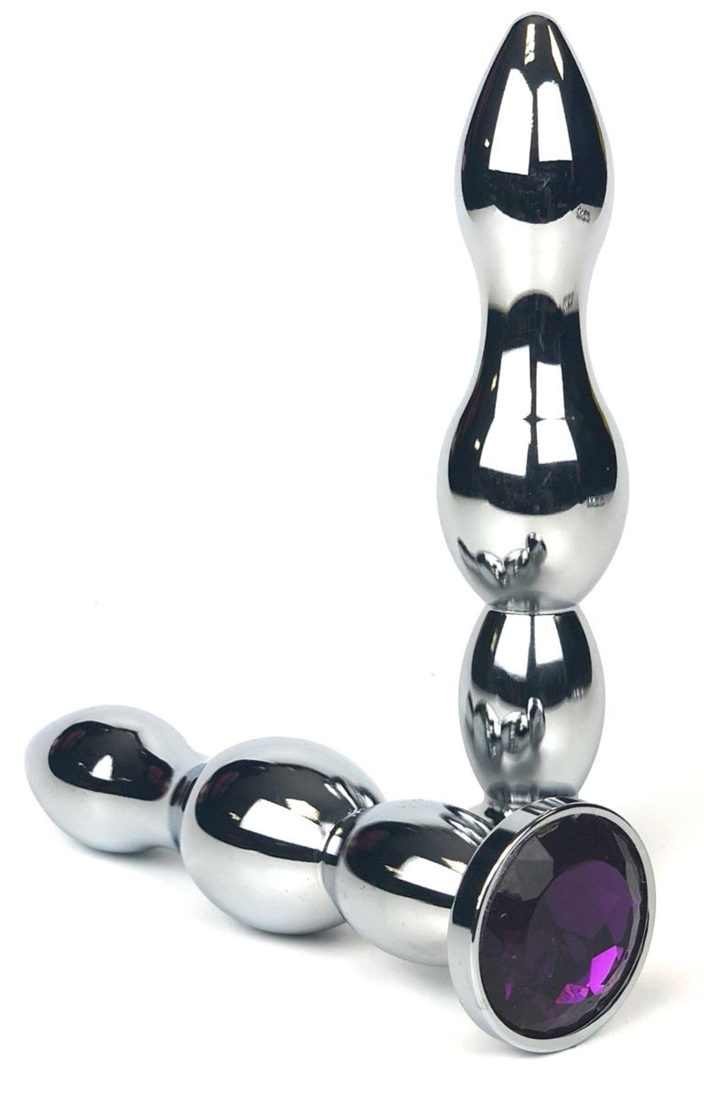 Серебристая коническая анальная пробка-ёлочка с фиолетовым кристаллом - 12 см. (Цвет: фиолетовый)