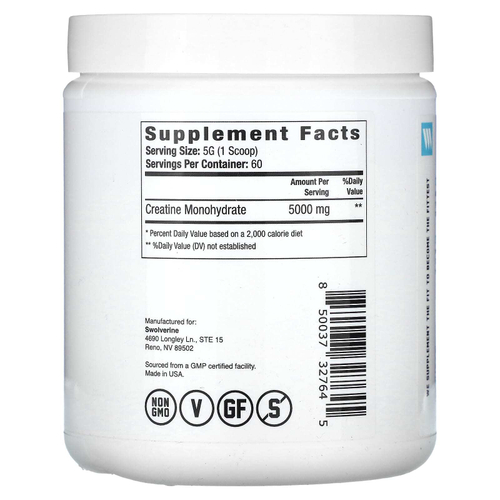 Swolverine, моногидрат креатина, без добавок, 300 г (10,58 унции)