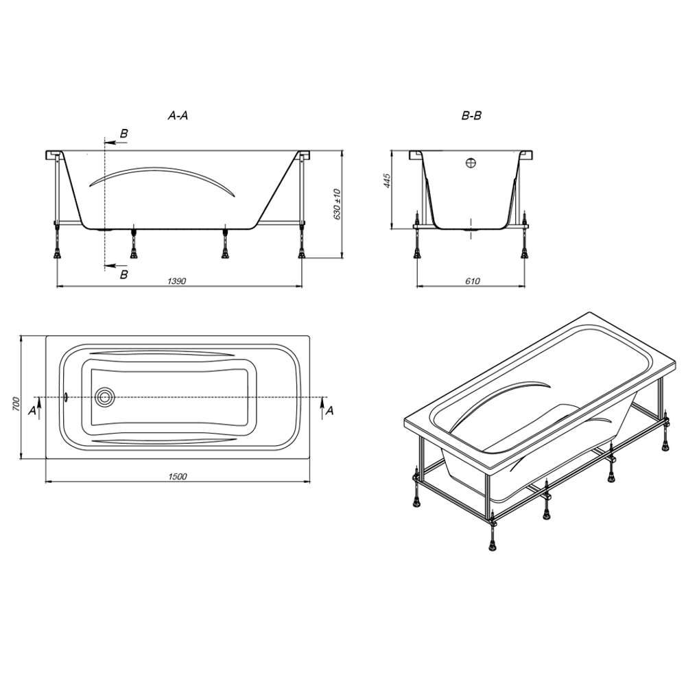 Акриловая ванна Roca Line 150x70 ZRU9302982 схема