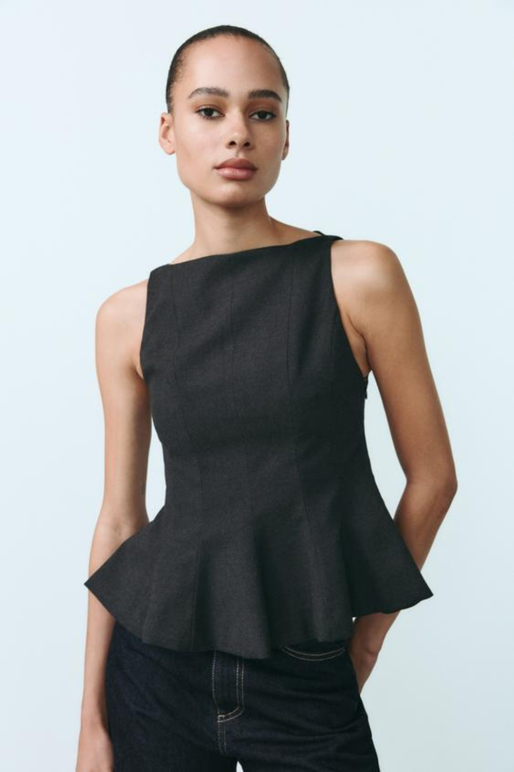 ZARA ТОП С БАСКОЙ, ТЕМНО-СЕРЫЙ