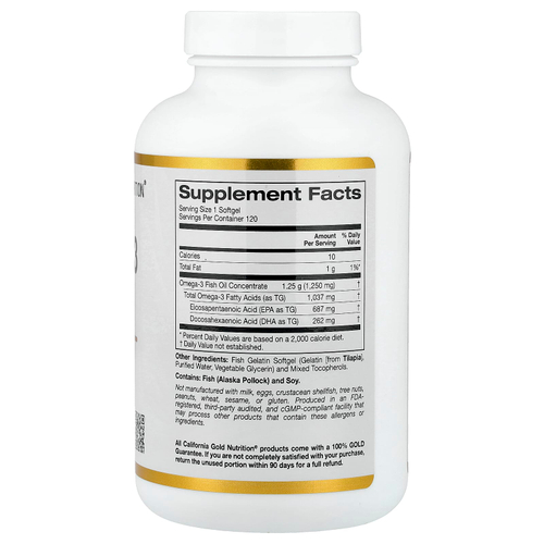 California Gold Nutrition, рыбий жир с омега-3, 120 капсул из рыбьего желатина (1250 мг в 1 капсуле)