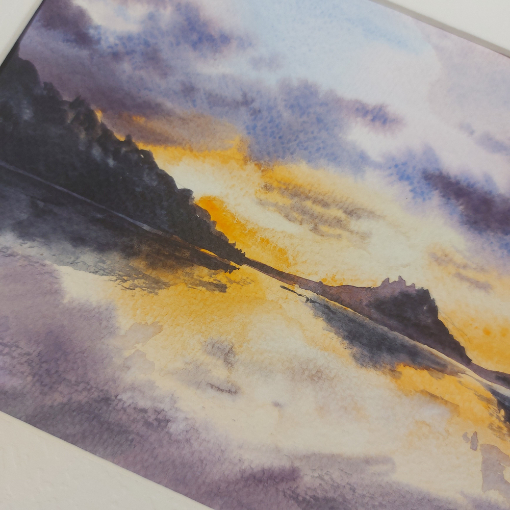 Картина акварельная авторская в паспарту 21х30 см на стену для интерьера "Закат над"