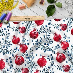 Ткань премиум таффета плоды граната с голубыми ягодами