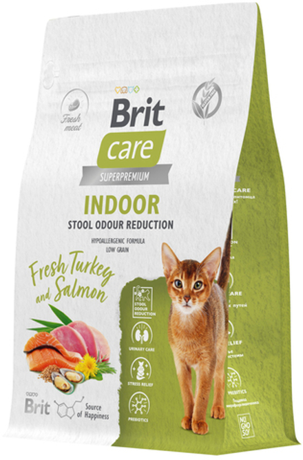 Brit Care 400гр Superpremium Indoor Stool Odour Reduction Turkey & Salmon Корм для домашних кошек низкозерновой, уменьшение запаха стула, c индейкой и лососем