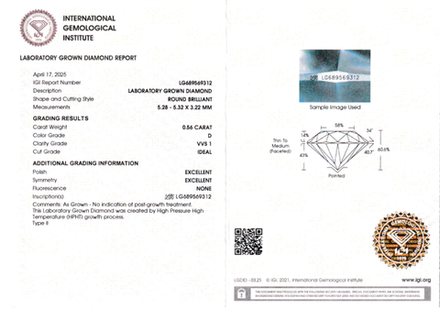 Лабораторно-выращенный бриллиант Кр-57 5.28-5.32 мм D/VVS1 0.56 ct