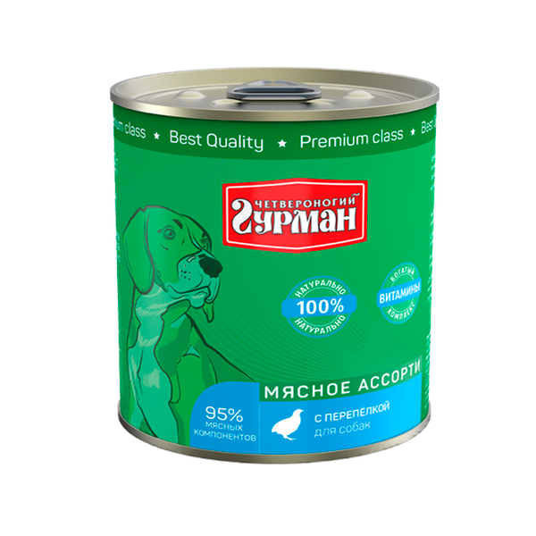 Мясное ассорти ИЗ ПЕРЕПЁЛКИ для собак 340 г влажный корм Четвероногий Гурман