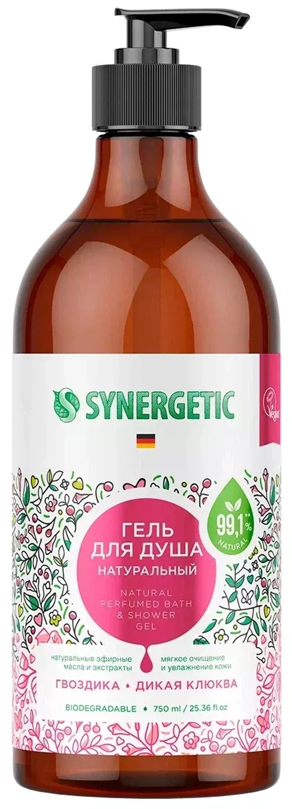 SYNERGETIC Гель для душа Гвоздика и клюква женский мужской, 750 мл