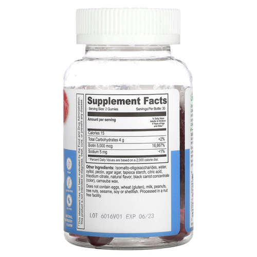 Lifeable, Kids Biotin Gummies, без сахара, натуральная малина, 60 жевательных таблеток (2500 мкг в жевательной мармеладке)